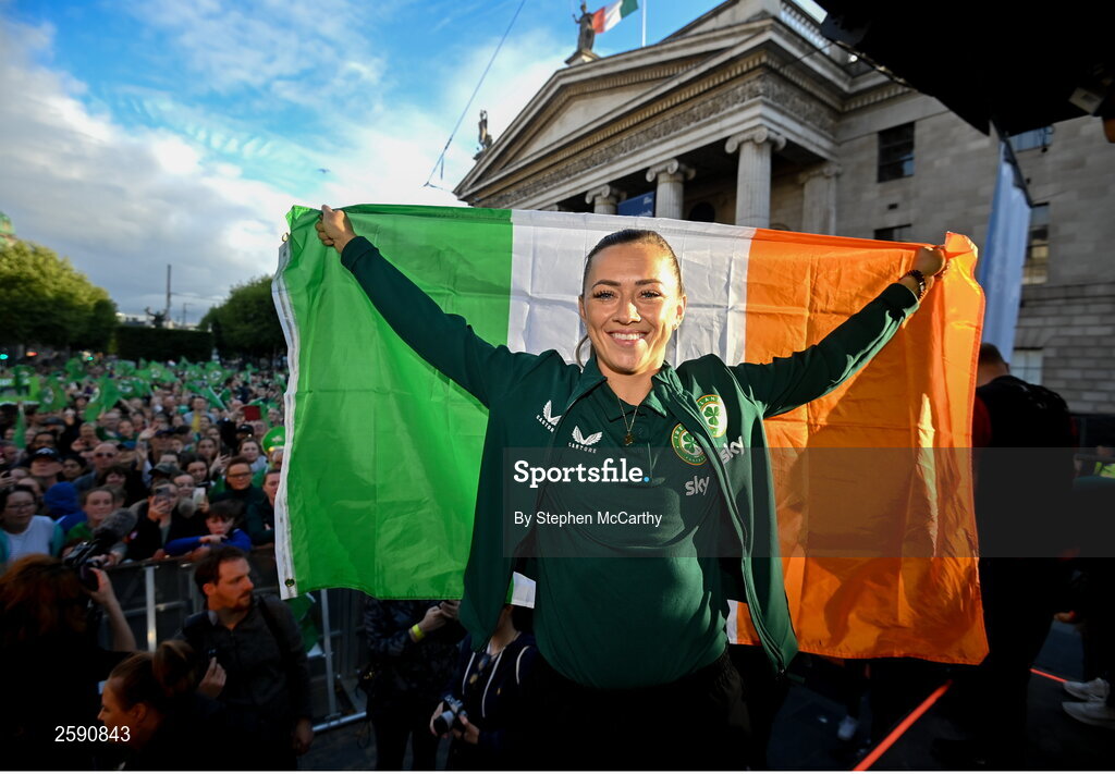 3 August 2023; Katie McCabe poses for a photograph during a Republic of Ireland homecoming event on O'Connell Street in Dublin following the FIFA Women's World Cup 2023. Photo by Stephen McCarthy/Sportsfile