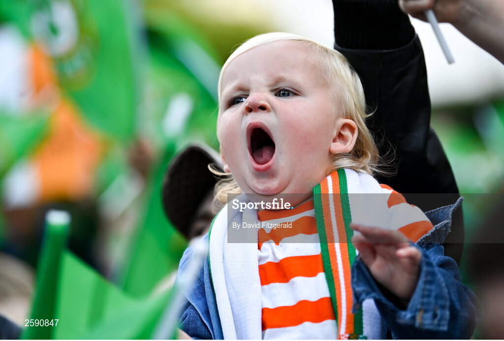 3 August 2023; Republic of Ireland supporter Bear Douch, aged 1, during a Republic of Ireland homecoming event on O'Connell Street in Dublin following the FIFA Women's World Cup 2023. Photo by David Fitzgerald/Sportsfile