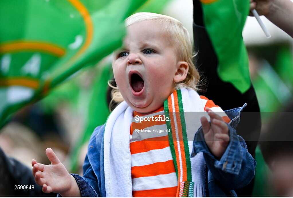 3 August 2023; Republic of Ireland supporter Bear Douch, aged 1, during a Republic of Ireland homecoming event on O'Connell Street in Dublin following the FIFA Women's World Cup 2023. Photo by David Fitzgerald/Sportsfile