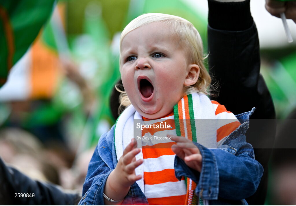 3 August 2023; Republic of Ireland supporter Bear Douch, aged 1, during a Republic of Ireland homecoming event on O'Connell Street in Dublin following the FIFA Women's World Cup 2023. Photo by David Fitzgerald/Sportsfile
