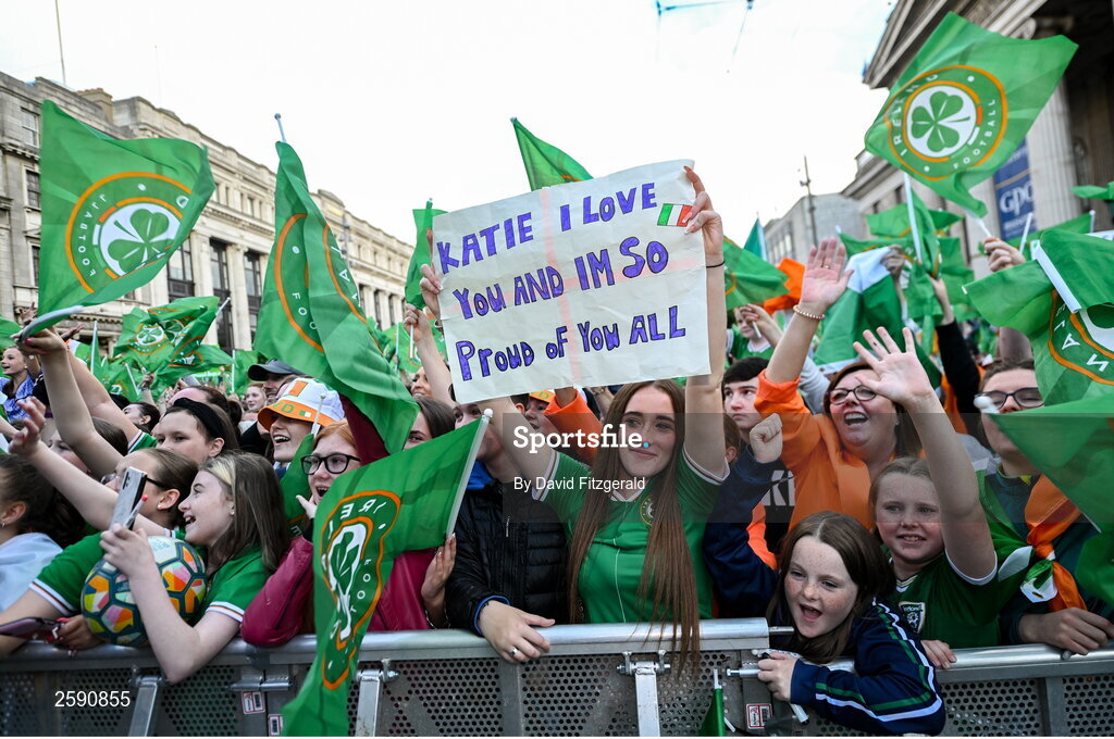 3 August 2023; A Republic of Ireland supporter holds up a sign for Katie McCabe during a Republic of Ireland homecoming event on O'Connell Street in Dublin following the FIFA Women's World Cup 2023.  Photo by David Fitzgerald/Sportsfile