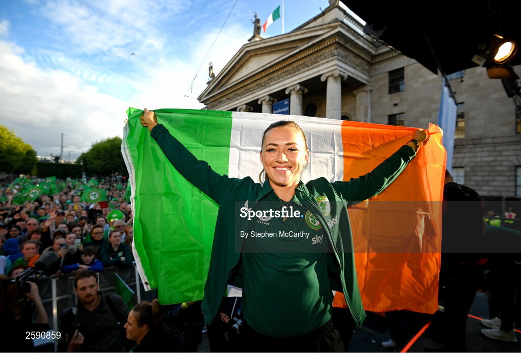 3 August 2023; Katie McCabe poses for a photograph during a Republic of Ireland homecoming event on O'Connell Street in Dublin following the FIFA Women's World Cup 2023. Photo by Stephen McCarthy/Sportsfile