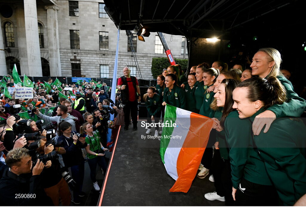 3 August 2023; The Republic of Ireland squad pose for a photograph during a Republic of Ireland homecoming event on O'Connell Street in Dublin following the FIFA Women's World Cup 2023. Photo by Stephen McCarthy/Sportsfile