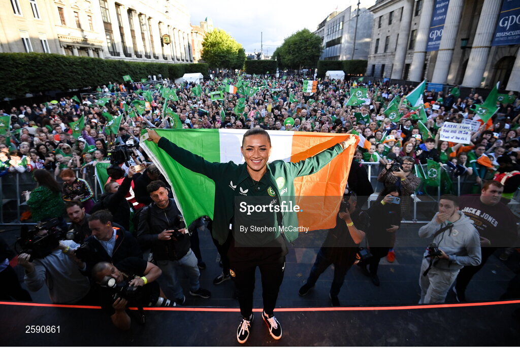 3 August 2023; Katie McCabe poses for a photograph during a Republic of Ireland homecoming event on O'Connell Street in Dublin following the FIFA Women's World Cup 2023. Photo by Stephen McCarthy/Sportsfile