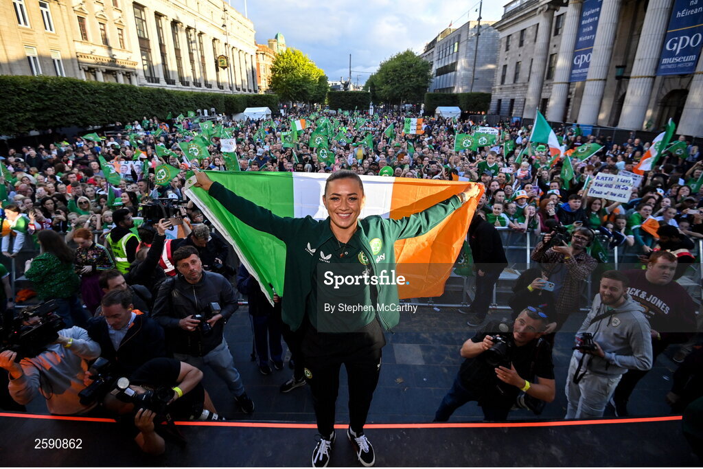 3 August 2023; Katie McCabe poses for a photograph during a Republic of Ireland homecoming event on O'Connell Street in Dublin following the FIFA Women's World Cup 2023. Photo by Stephen McCarthy/Sportsfile
