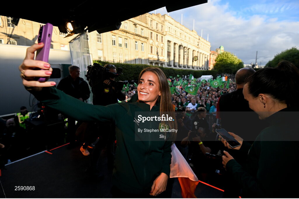 3 August 2023; Chloe Mustaki takes a photograph with supporters during a Republic of Ireland homecoming event on O'Connell Street in Dublin following the FIFA Women's World Cup 2023. Photo by Stephen McCarthy/Sportsfile