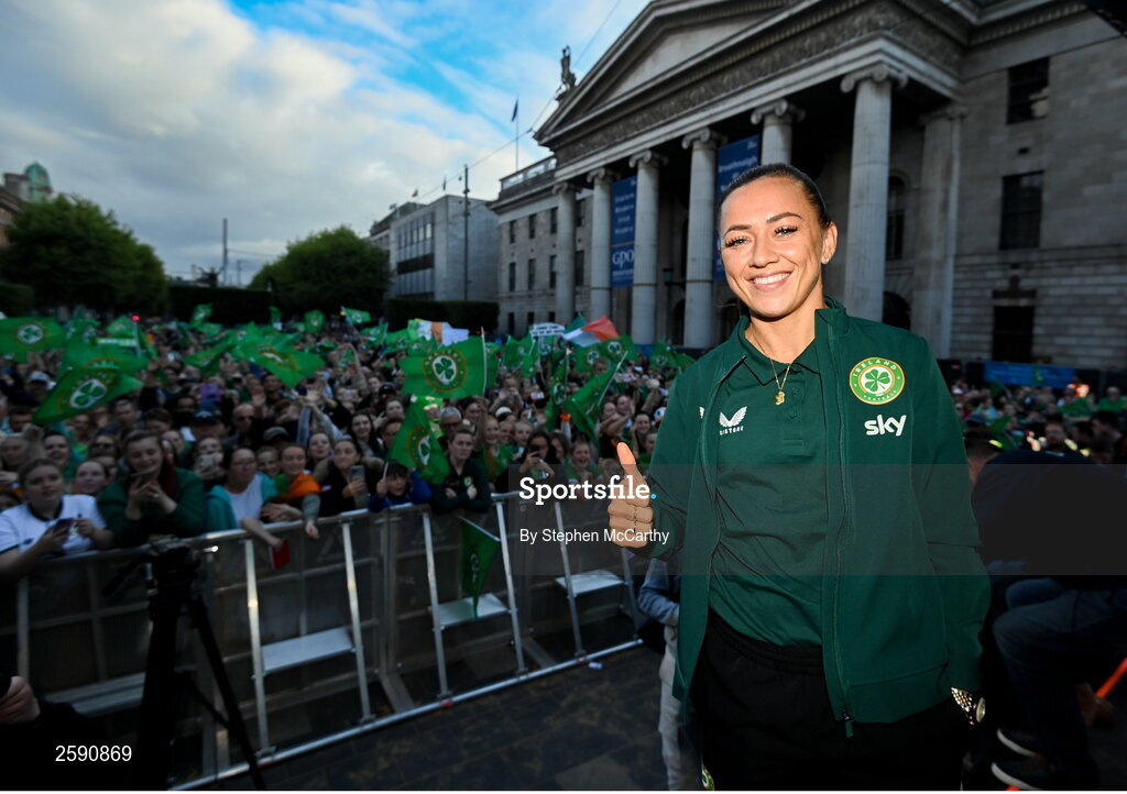 3 August 2023; Katie McCabe poses for a photograph with supporters during a Republic of Ireland homecoming event on O'Connell Street in Dublin following the FIFA Women's World Cup 2023. Photo by Stephen McCarthy/Sportsfile