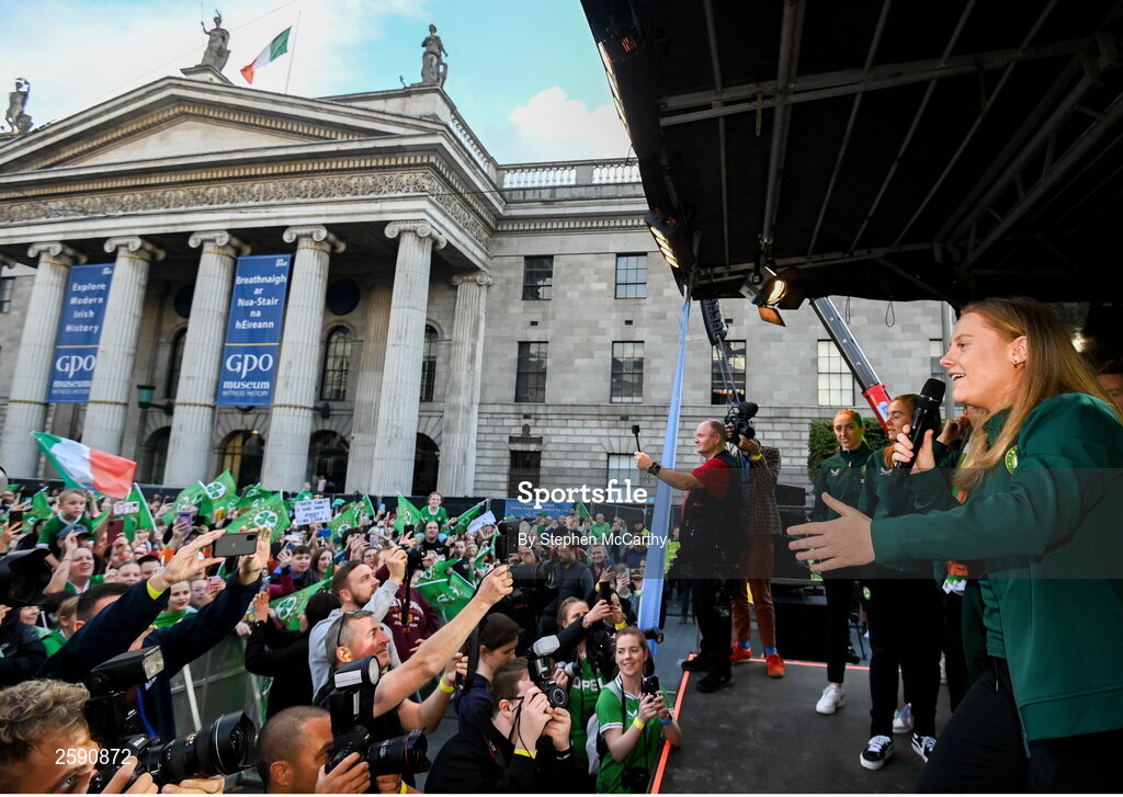 3 August 2023; Amber Barrett during a Republic of Ireland homecoming event on O'Connell Street in Dublin following the FIFA Women's World Cup 2023. Photo by Stephen McCarthy/Sportsfile