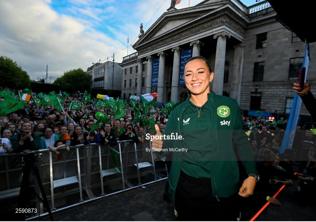 3 August 2023; Katie McCabe poses for a photograph with supporters during a Republic of Ireland homecoming event on O'Connell Street in Dublin following the FIFA Women's World Cup 2023. Photo by Stephen McCarthy/Sportsfile
