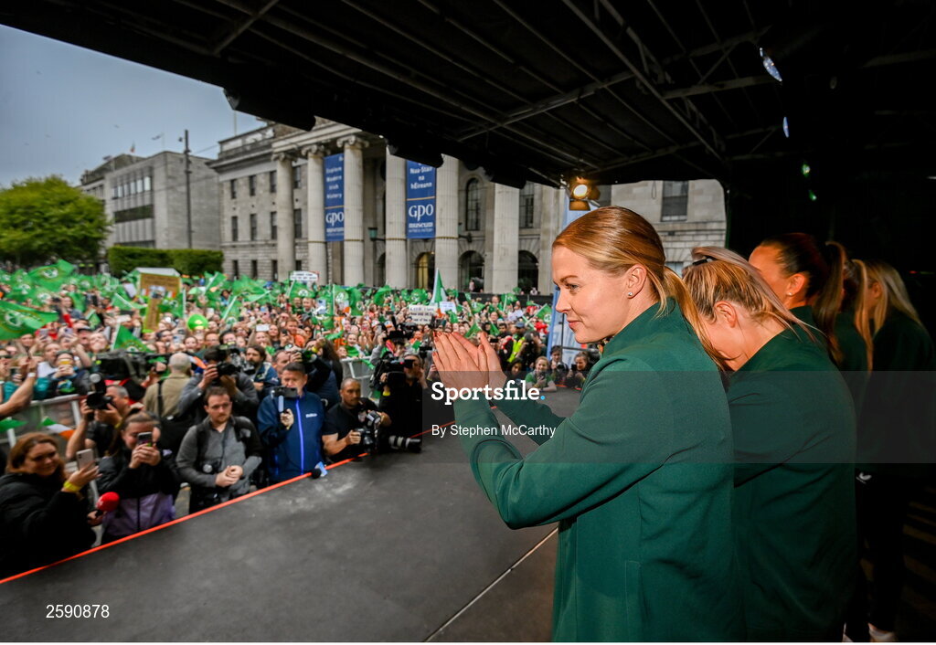 3 August 2023; Ruesha Littlejohn during a Republic of Ireland homecoming event on O'Connell Street in Dublin following the FIFA Women's World Cup 2023. Photo by Stephen McCarthy/Sportsfile