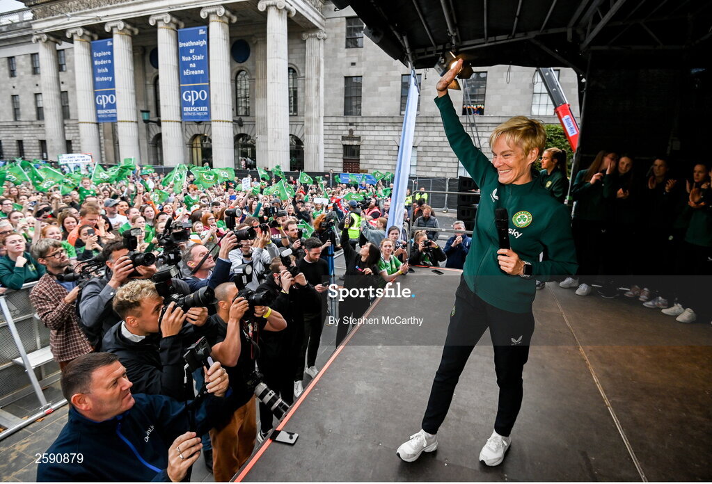 3 August 2023; Manager Vera Pauw during a Republic of Ireland homecoming event on O'Connell Street in Dublin following the FIFA Women's World Cup 2023. Photo by Stephen McCarthy/Sportsfile