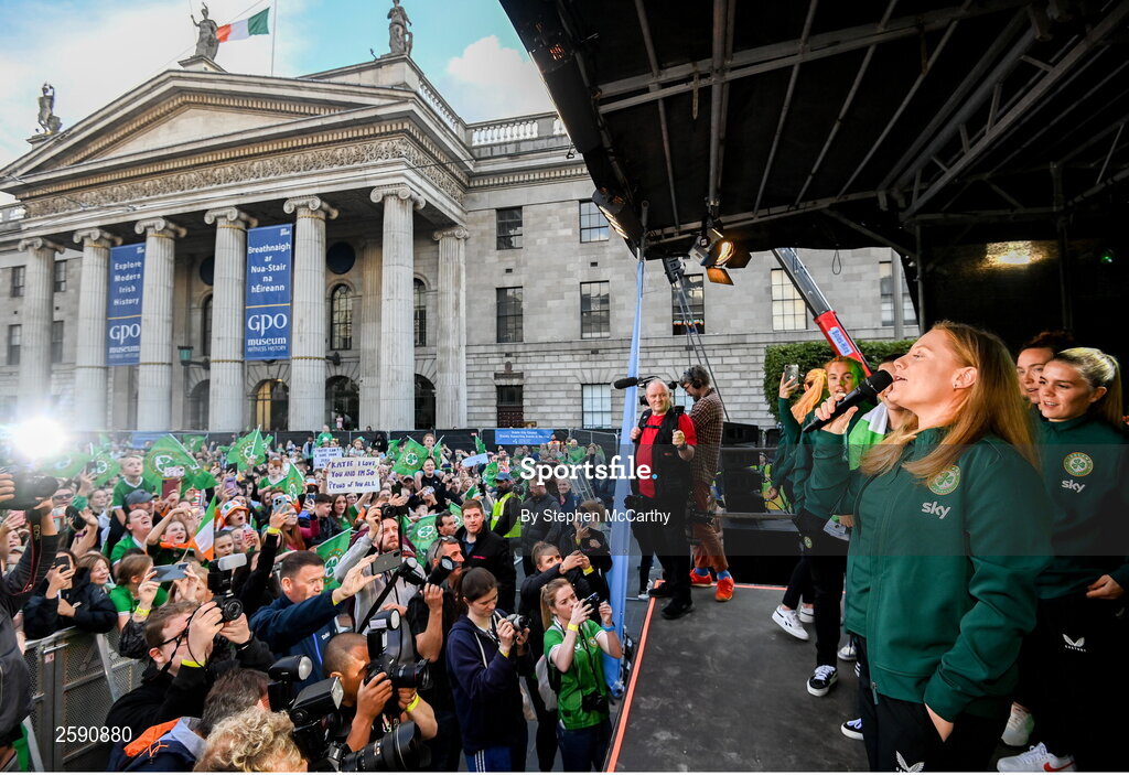 3 August 2023; Amber Barrett during a Republic of Ireland homecoming event on O'Connell Street in Dublin following the FIFA Women's World Cup 2023. Photo by Stephen McCarthy/Sportsfile