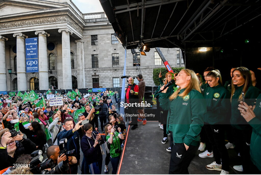 3 August 2023; Amber Barrett during a Republic of Ireland homecoming event on O'Connell Street in Dublin following the FIFA Women's World Cup 2023. Photo by Stephen McCarthy/Sportsfile
