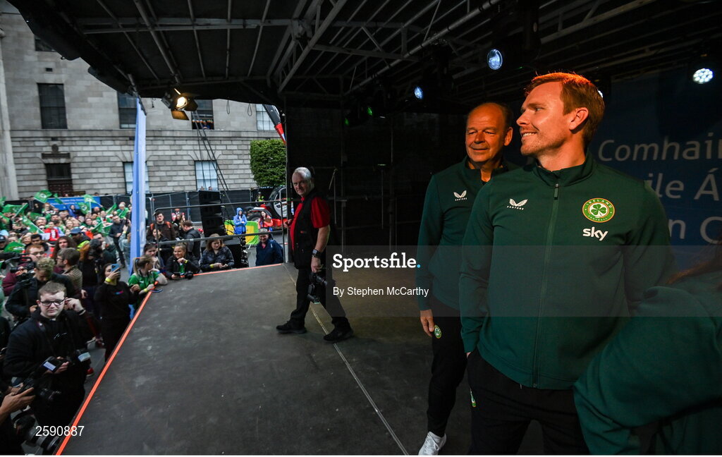 3 August 2023; Assistant manager Tom Elmes, right, during a Republic of Ireland homecoming event on O'Connell Street in Dublin following the FIFA Women's World Cup 2023. Photo by Stephen McCarthy/Sportsfile