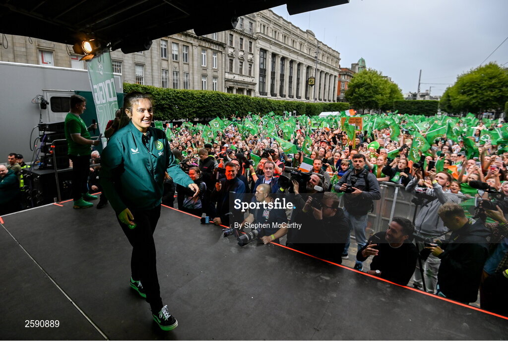 3 August 2023; Grace Moloney during a Republic of Ireland homecoming event on O'Connell Street in Dublin following the FIFA Women's World Cup 2023. Photo by Stephen McCarthy/Sportsfile