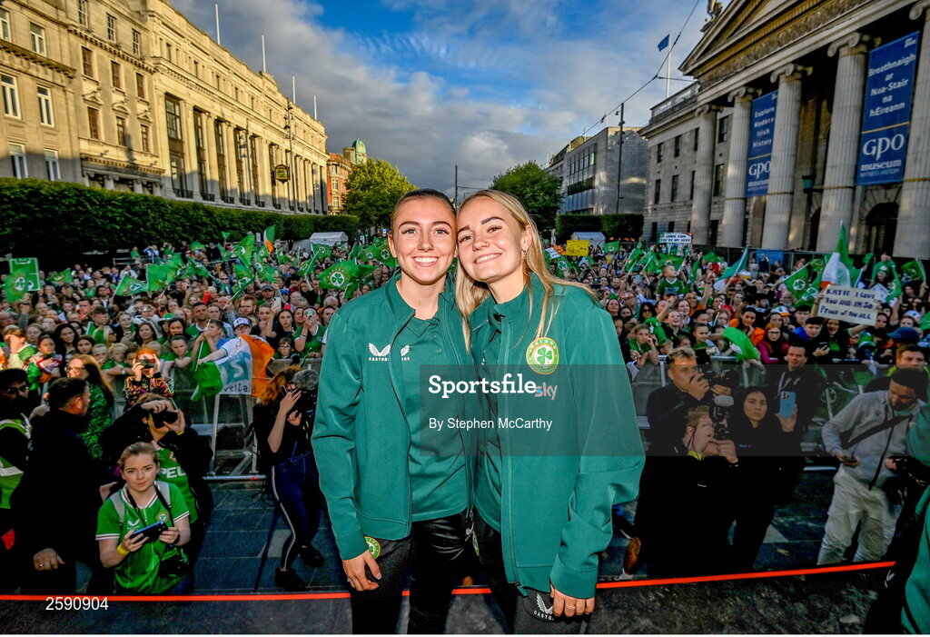 3 August 2023; Abbie Larkin, left, and Izzy Atkinson pose for a photograph during a Republic of Ireland homecoming event on O'Connell Street in Dublin following the FIFA Women's World Cup 2023. Photo by Stephen McCarthy/Sportsfile