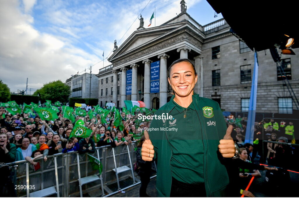 3 August 2023; Katie McCabe poses for a photograph during a Republic of Ireland homecoming event on O'Connell Street in Dublin following the FIFA Women's World Cup 2023. Photo by Stephen McCarthy/Sportsfile
