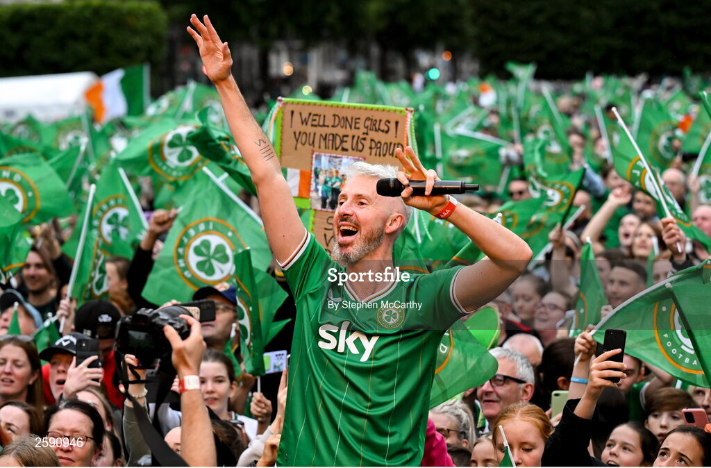 3 August 2023; Radio Presenter Declan Pierce during a Republic of Ireland homecoming event on O'Connell Street in Dublin following the FIFA Women's World Cup 2023. Photo by Stephen McCarthy/Sportsfile
