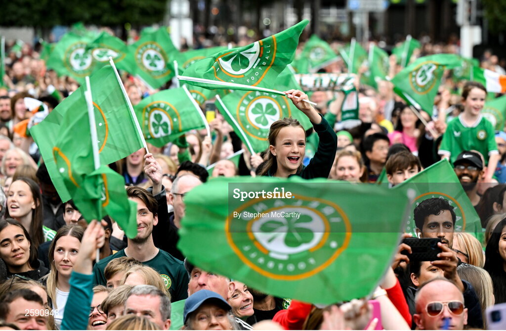 3 August 2023; A Republic of Ireland supporter during a Republic of Ireland homecoming event on O'Connell Street in Dublin following the FIFA Women's World Cup 2023. Photo by Stephen McCarthy/Sportsfile