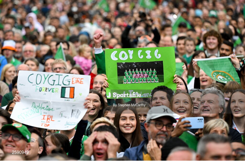 3 August 2023; Republic of Ireland supporters hold up signs during a Republic of Ireland homecoming event on O'Connell Street in Dublin following the FIFA Women's World Cup 2023. Photo by Stephen McCarthy/Sportsfile