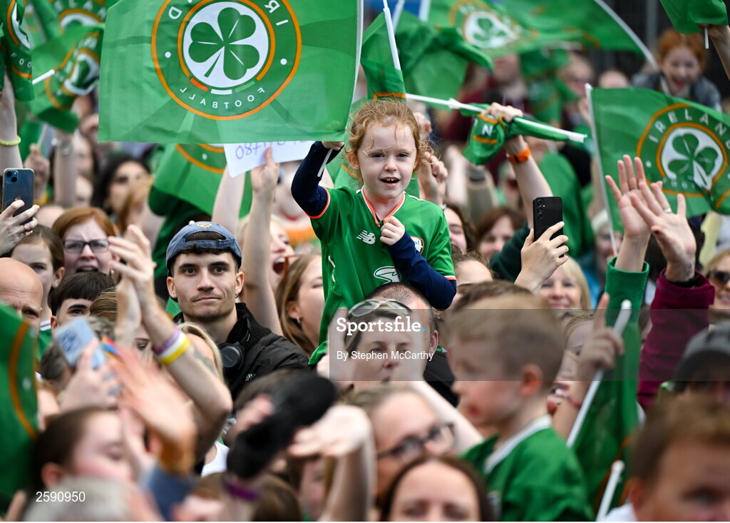 3 August 2023; A Republic of Ireland supporter during a Republic of Ireland homecoming event on O'Connell Street in Dublin following the FIFA Women's World Cup 2023. Photo by Stephen McCarthy/Sportsfile