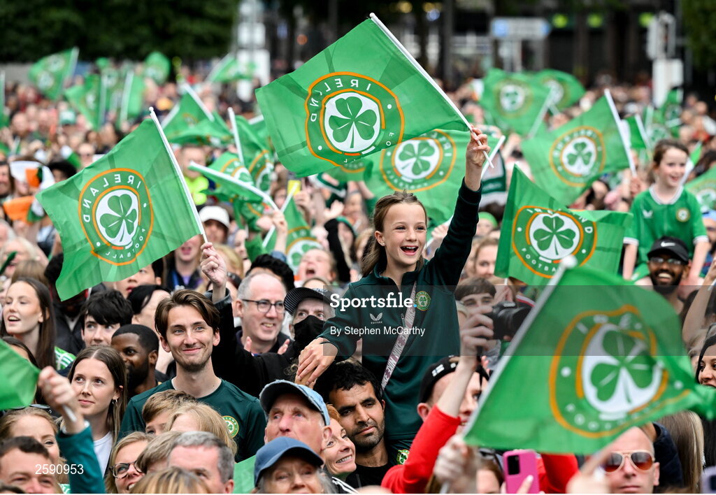 3 August 2023; A Republic of Ireland supporter during a Republic of Ireland homecoming event on O'Connell Street in Dublin following the FIFA Women's World Cup 2023. Photo by Stephen McCarthy/Sportsfile
