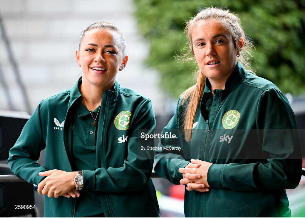 3 August 2023; Katie McCabem left, and Grace Moloney during a Republic of Ireland homecoming event on O'Connell Street in Dublin following the FIFA Women's World Cup 2023. Photo by Stephen McCarthy/Sportsfile