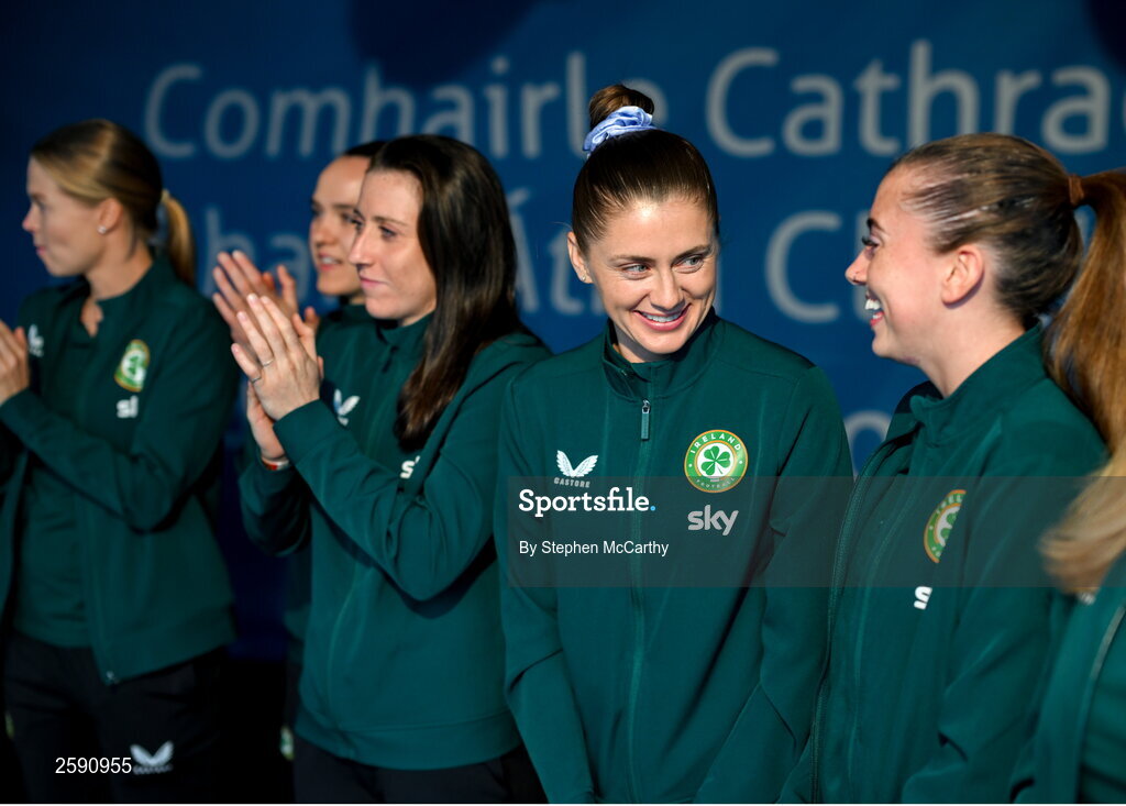 3 August 2023; Sinead Farrelly, second from right, during a Republic of Ireland homecoming event on O'Connell Street in Dublin following the FIFA Women's World Cup 2023. Photo by Stephen McCarthy/Sportsfile