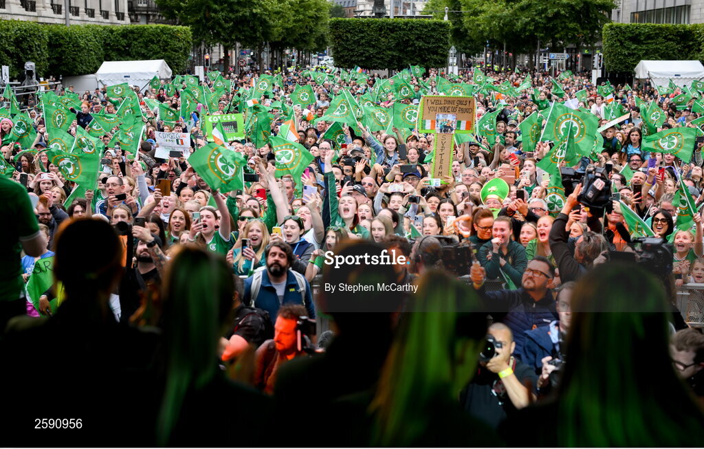 3 August 2023; Republic of Ireland supporters during a Republic of Ireland homecoming event on O'Connell Street in Dublin following the FIFA Women's World Cup 2023. Photo by Stephen McCarthy/Sportsfile