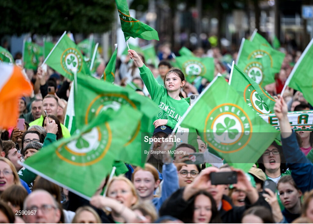 3 August 2023; A Republic of Ireland supporter during a Republic of Ireland homecoming event on O'Connell Street in Dublin following the FIFA Women's World Cup 2023. Photo by Stephen McCarthy/Sportsfile