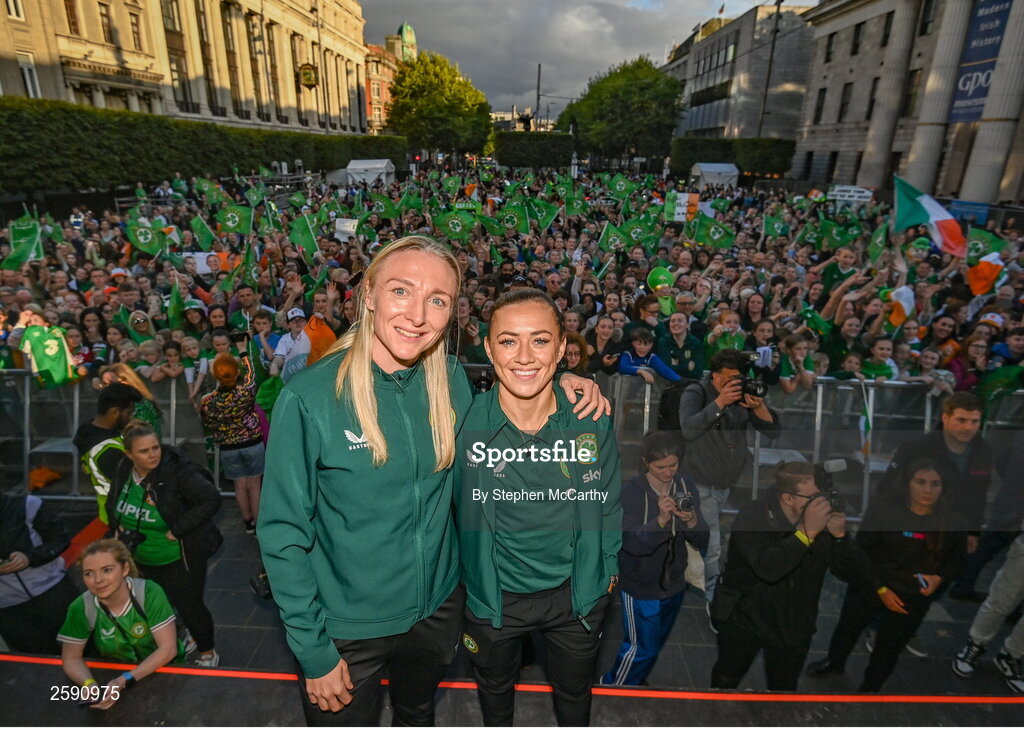 3 August 2023; Louise Quinn, left, and Katie McCabe pose for a photograph during a Republic of Ireland homecoming event on O'Connell Street in Dublin following the FIFA Women's World Cup 2023. Photo by Stephen McCarthy/Sportsfile