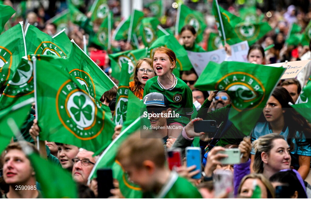 3 August 2023; A Republic of Ireland supporter during a Republic of Ireland homecoming event on O'Connell Street in Dublin following the FIFA Women's World Cup 2023. Photo by Stephen McCarthy/Sportsfile