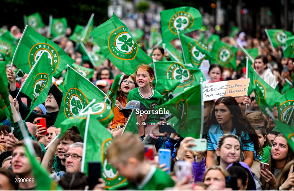 3 August 2023; A Republic of Ireland supporter during a Republic of Ireland homecoming event on O'Connell Street in Dublin following the FIFA Women's World Cup 2023. Photo by Stephen McCarthy/Sportsfile
