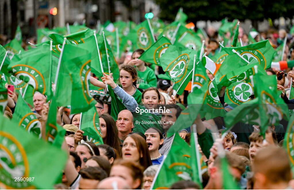 3 August 2023; Republic of Ireland supporters during a Republic of Ireland homecoming event on O'Connell Street in Dublin following the FIFA Women's World Cup 2023. Photo by Stephen McCarthy/Sportsfile