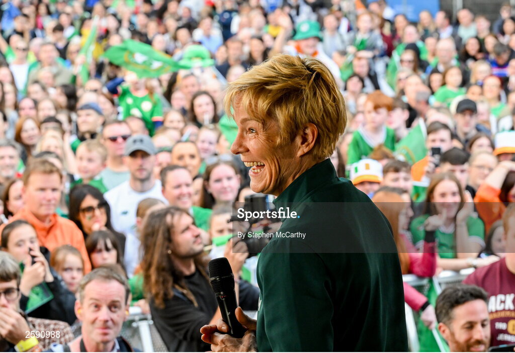 3 August 2023; Manager Vera Pauw during a Republic of Ireland homecoming event on O'Connell Street in Dublin following the FIFA Women's World Cup 2023. Photo by Stephen McCarthy/Sportsfile