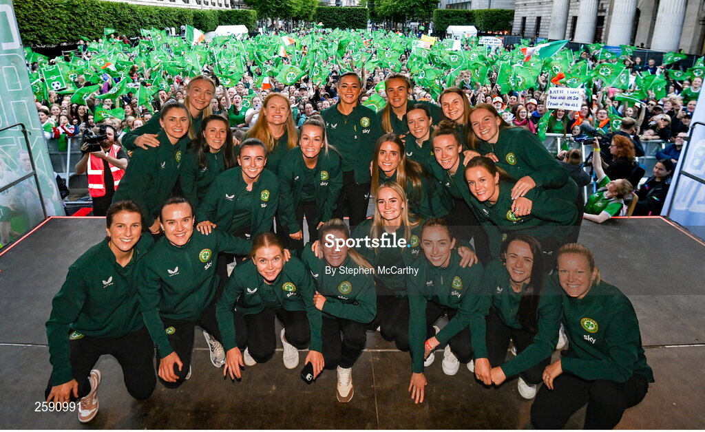 3 August 2023; The Republic of Ireland squad pose for a photograph during a Republic of Ireland homecoming event on O'Connell Street in Dublin following the FIFA Women's World Cup 2023. Photo by Stephen McCarthy/Sportsfile