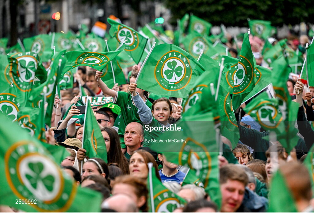 3 August 2023; Republic of Ireland supporters during a Republic of Ireland homecoming event on O'Connell Street in Dublin following the FIFA Women's World Cup 2023. Photo by Stephen McCarthy/Sportsfile