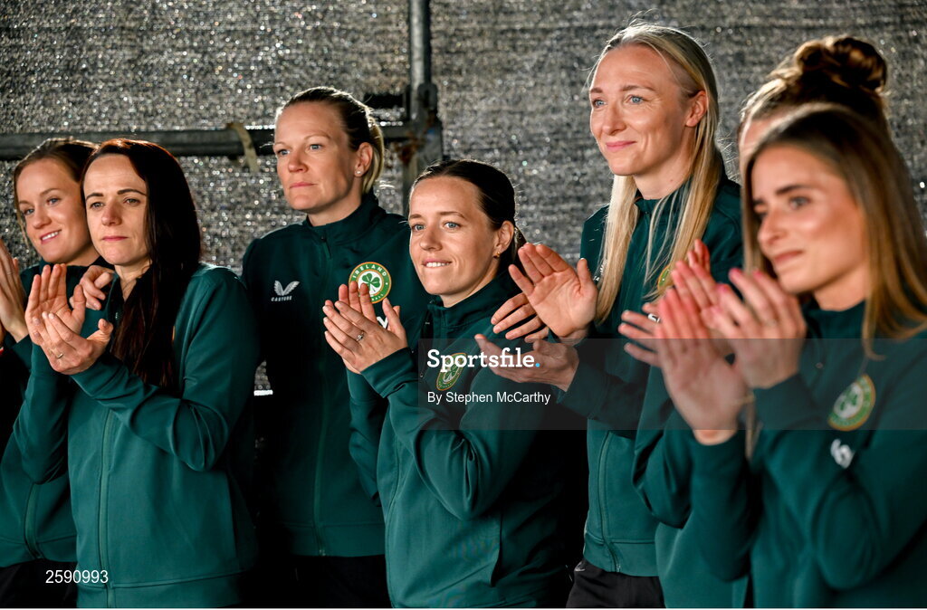 3 August 2023; Republic of Ireland players, from left, Heather Payne, Áine O'Gorman, Diane Caldwell, Harriet Scott, Louise Quinn and Chloe Mustaki during a Republic of Ireland homecoming event on O'Connell Street in Dublin following the FIFA Women's World Cup 2023. Photo by Stephen McCarthy/Sportsfile