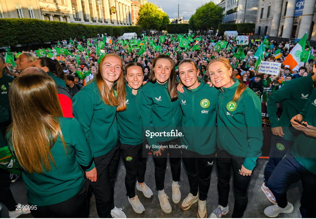 3 August 2023; Republic of Ireland players, from left, Courtney Brosnan, Harriet Scott, Louise Quinn, Jamie Finn, and Heather Payne during a Republic of Ireland homecoming event on O'Connell Street in Dublin following the FIFA Women's World Cup 2023. Photo by Stephen McCarthy/Sportsfile