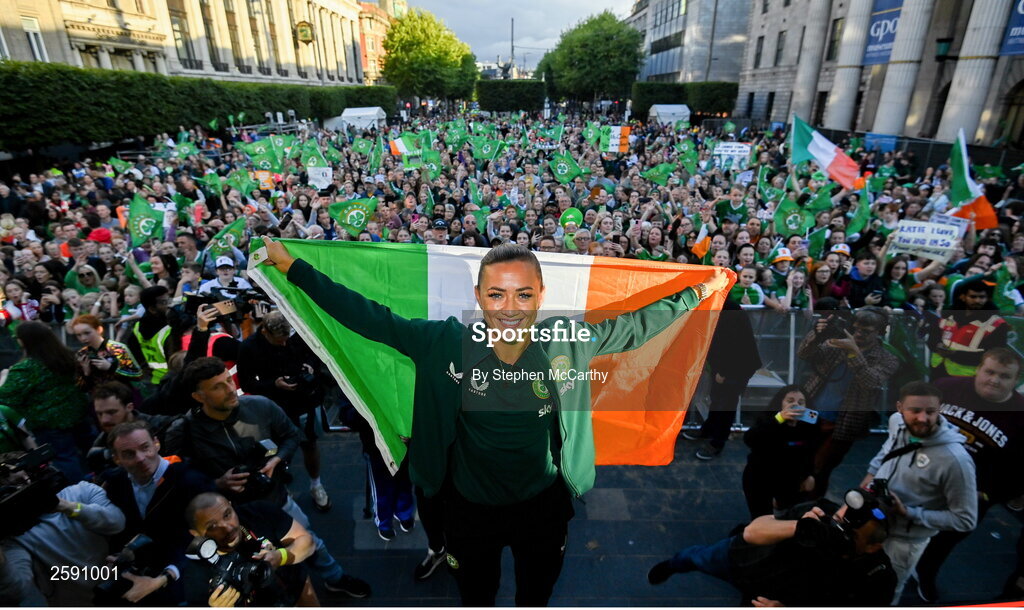 3 August 2023; Katie McCabe poses for a photograph during a Republic of Ireland homecoming event on O'Connell Street in Dublin following the FIFA Women's World Cup 2023. Photo by Stephen McCarthy/Sportsfile