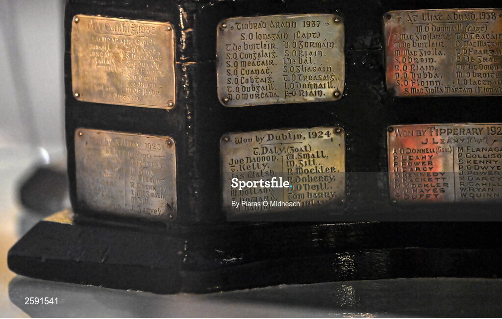 23 July 2023; A detailed view of the plinth of the original Liam MacCarthy Cup, on display in the GAA Museum, before the GAA Hurling All-Ireland Senior Championship final match between Kilkenny and Limerick at Croke Park in Dublin. Photo by Piaras Ó Mídheach/Sportsfile