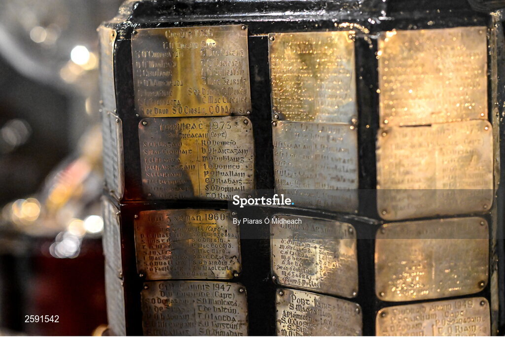 23 July 2023; A detailed view of the plinth of the original Liam MacCarthy Cup, on display in the GAA Museum, showing the 1973 winning Limerick team - GAA Hurling All-Ireland Senior Championship final match between Kilkenny and Limerick at Croke Park in Dublin. Photo by Piaras Ó Mídheach/Sportsfile