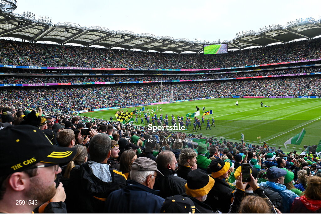 23 July 2023; Both teams march in the parade behind the Artane Band before the GAA Hurling All-Ireland Senior Championship final match between Kilkenny and Limerick at Croke Park in Dublin. Photo by Piaras Ó Mídheach/Sportsfile