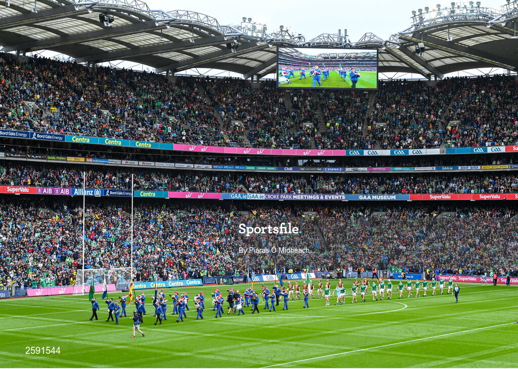 23 July 2023; Both teams march in the parade behind the Artane Band before the GAA Hurling All-Ireland Senior Championship final match between Kilkenny and Limerick at Croke Park in Dublin. Photo by Piaras Ó Mídheach/Sportsfile