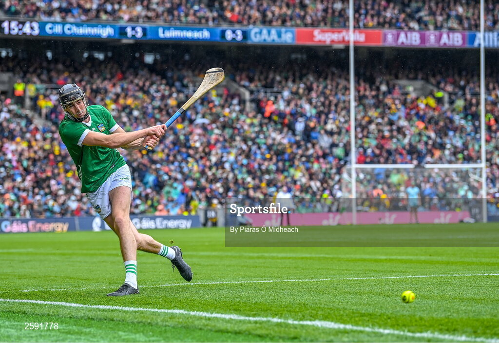 23 July 2023; Diarmaid Byrnes of Limerick takes a sideline cut during the GAA Hurling All-Ireland Senior Championship final match between Kilkenny and Limerick at Croke Park in Dublin. Photo by Piaras Ó Mídheach/Sportsfile