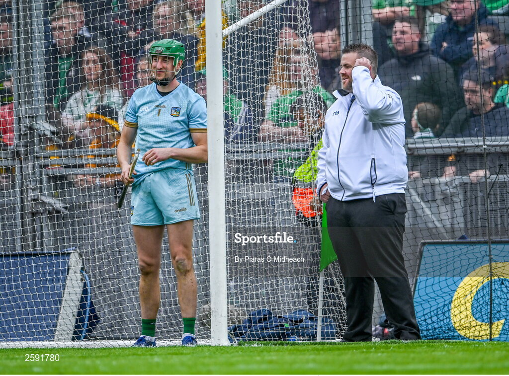 23 July 2023; Umpire Tommy Redmond in conversation with Limerick goalkeeper Nickie Quaid during the GAA Hurling All-Ireland Senior Championship final match between Kilkenny and Limerick at Croke Park in Dublin. Photo by Piaras Ó Mídheach/Sportsfile