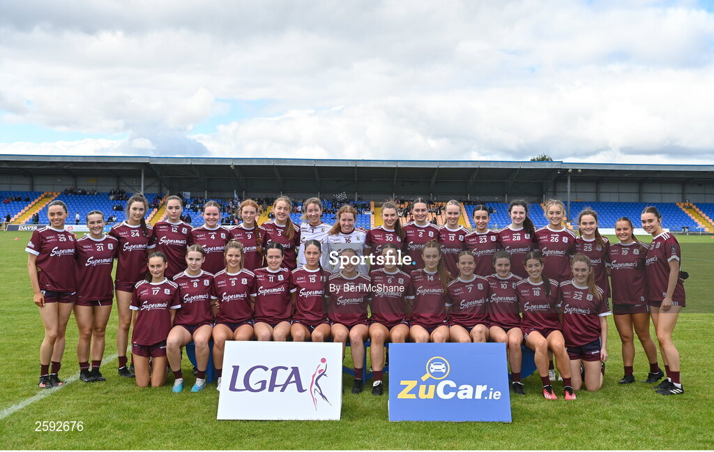 5 August 2023; The Galway team before the ZuCar All-Ireland Ladies Football U18 A final match between Galway and Kildare at Glennon Brothers Pearse Park in Longford. Photo by Ben McShane/Sportsfile