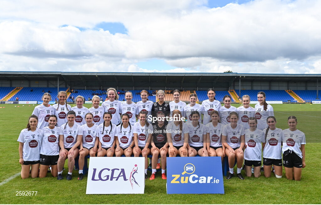 5 August 2023; The Kildare team before the ZuCar All-Ireland Ladies Football U18 A final match between Galway and Kildare at Glennon Brothers Pearse Park in Longford. Photo by Ben McShane/Sportsfile