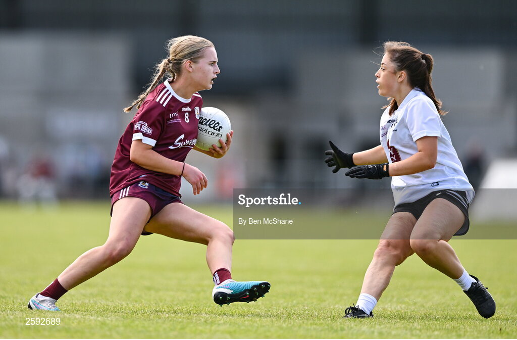5 August 2023; Katie Slattery of Galway in action against Mayah Doyle of Kildare during the ZuCar All-Ireland Ladies Football U18 A final match between Galway and Kildare at Glennon Brothers Pearse Park in Longford. Photo by Ben McShane/Sportsfile