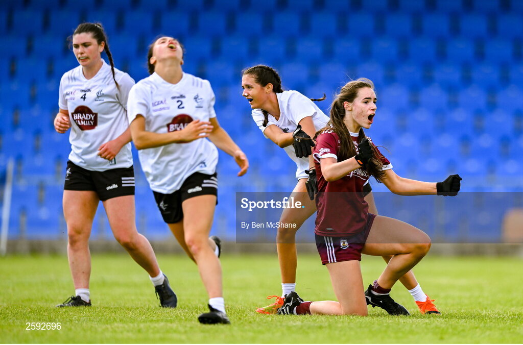 5 August 2023; Aisling Madden of Galway celebrates after scoring her side's first goal during the ZuCar All-Ireland Ladies Football U18 A final match between Galway and Kildare at Glennon Brothers Pearse Park in Longford. Photo by Ben McShane/Sportsfile